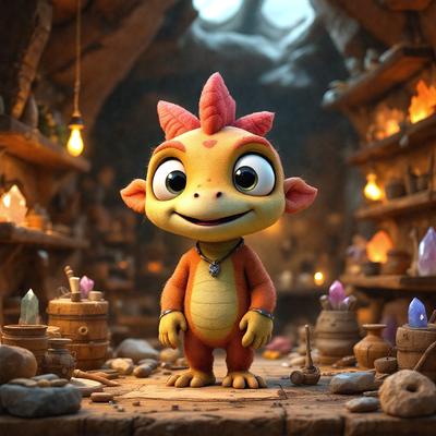 The primary subject of the image is a cartoon character, specifically a dragon, standing in a cave. The setting is a dark, cave-like environment with a rocky background. The visual style is digital art, as the dragon is depicted in a cartoonish manner. The dominant colors in the image are shades of red and orange, giving the scene a warm and vibrant atmosphere.